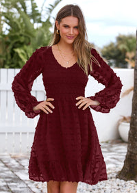 BTFBM Spring Dresses for Women 2026 Long Sleeve Casual V Neck Swiss Dot Smocked Ruffle Chiffon Flowy Mini Summer Dress PRETTYGARDEN