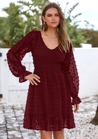 BTFBM Spring Dresses for Women 2026 Long Sleeve Casual V Neck Swiss Dot Smocked Ruffle Chiffon Flowy Mini Summer Dress PRETTYGARDEN