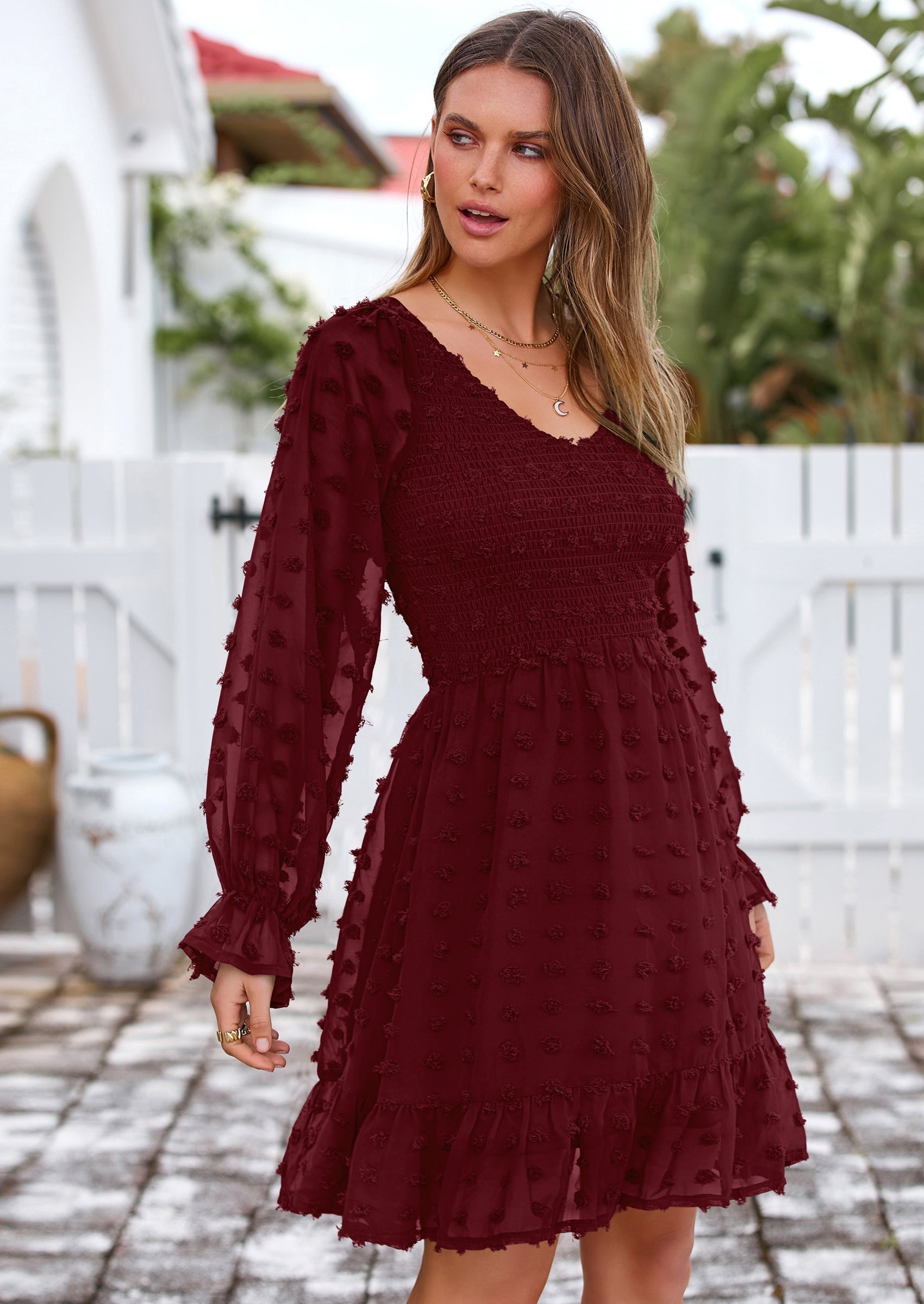 BTFBM Spring Dresses for Women 2026 Long Sleeve Casual V Neck Swiss Dot Smocked Ruffle Chiffon Flowy Mini Summer Dress PRETTYGARDEN