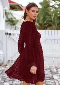 BTFBM Spring Dresses for Women 2026 Long Sleeve Casual V Neck Swiss Dot Smocked Ruffle Chiffon Flowy Mini Summer Dress PRETTYGARDEN