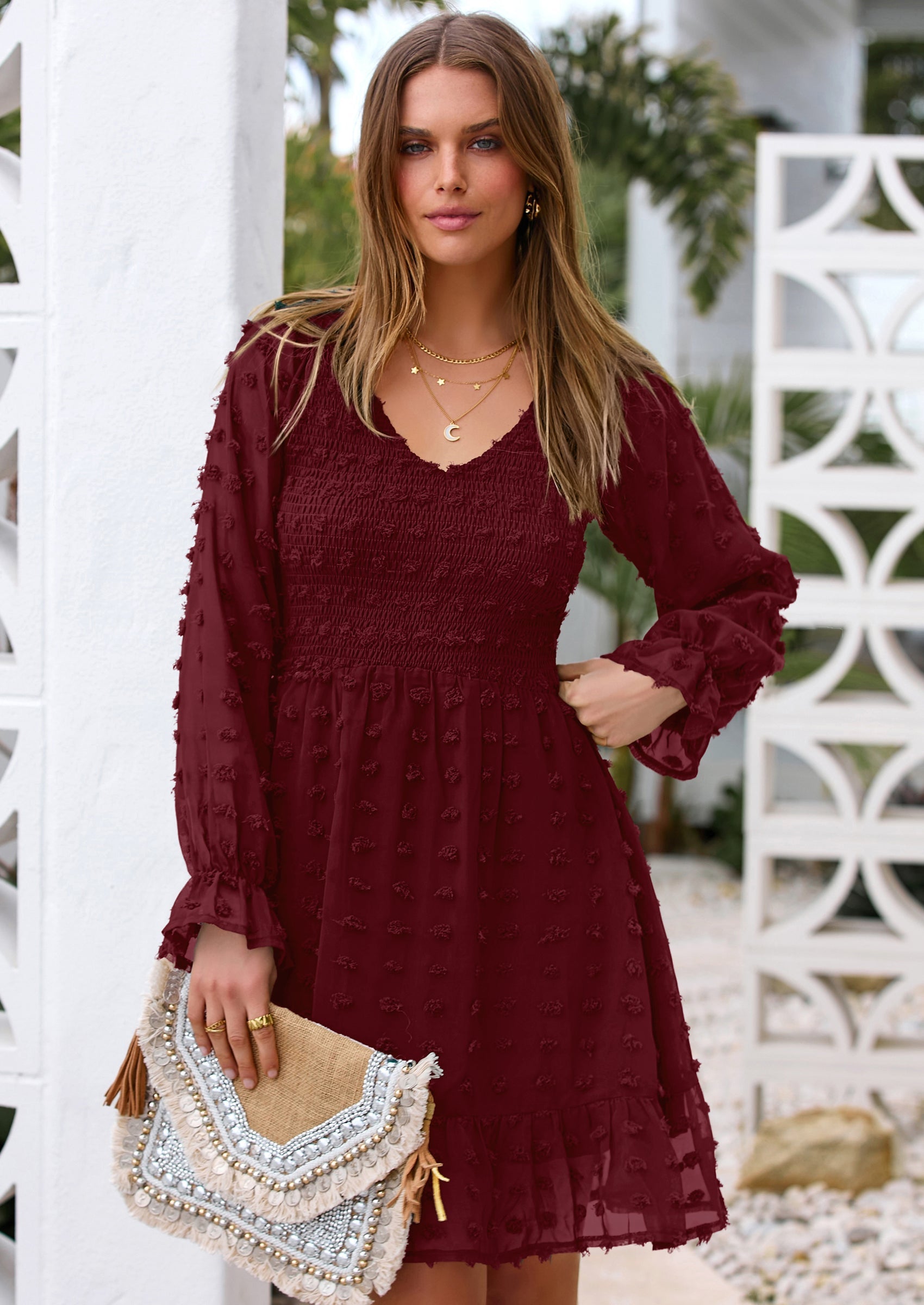 BTFBM Spring Dresses for Women 2026 Long Sleeve Casual V Neck Swiss Dot Smocked Ruffle Chiffon Flowy Mini Summer Dress PRETTYGARDEN