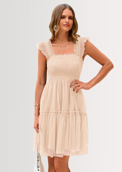 PRETTYGARDEN Womens Trendy Mini Summer Dresses Sleeveless Tulle Ruffle Square Neck Tiered Smocked Beach Vacation Dress