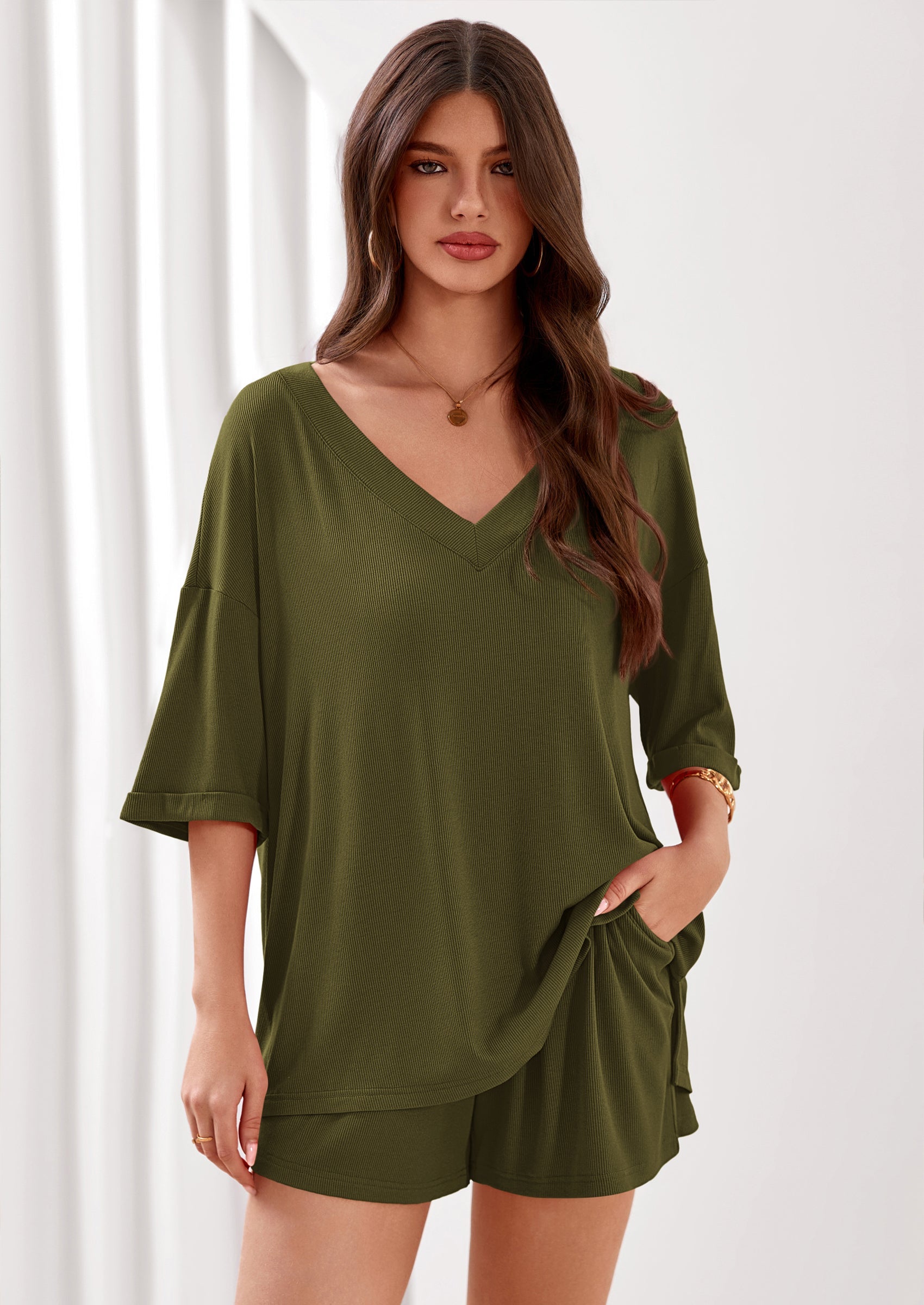 PRETTYGARDEN Womens 2 Piece Sets Oversized Vneck Half Sleeve Tops Shorts Lounge Set Casual Summer Travel Beach Outfits PRETTYGARDEN