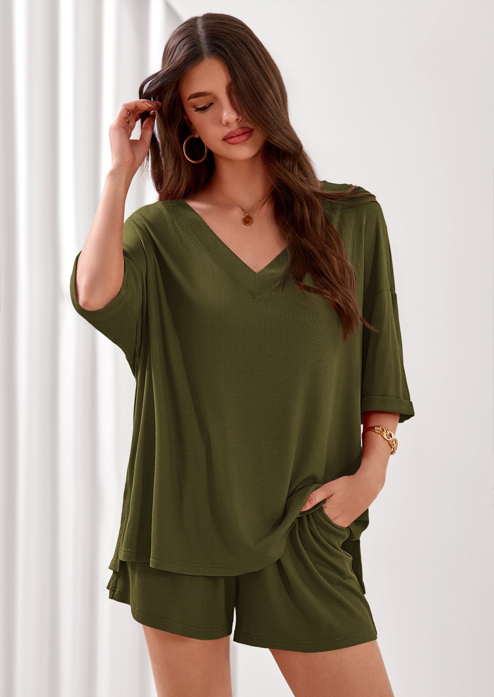 PRETTYGARDEN Womens 2 Piece Sets Oversized Vneck Half Sleeve Tops Shorts Lounge Set Casual Summer Travel Beach Outfits PRETTYGARDEN