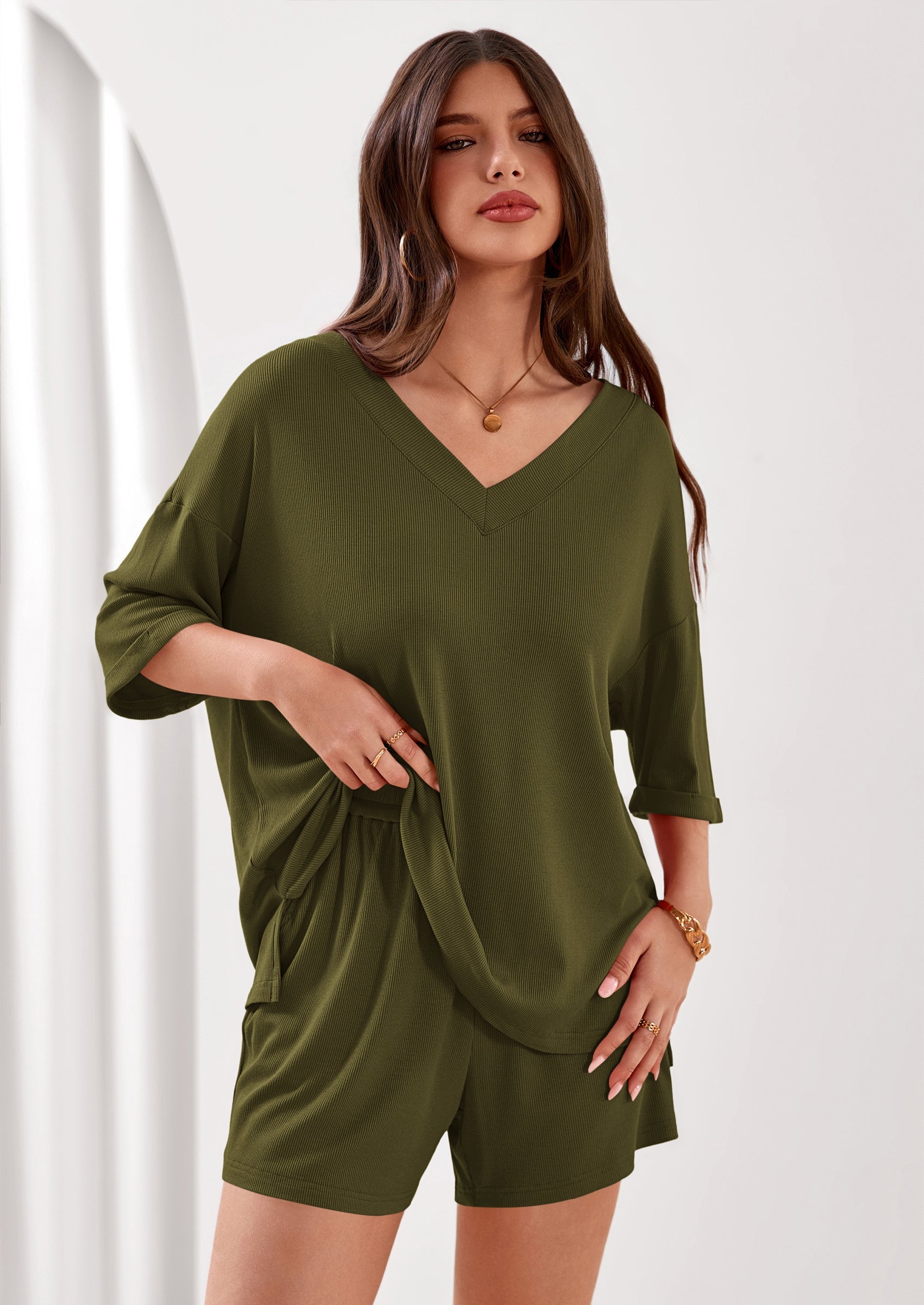 PRETTYGARDEN Womens 2 Piece Sets Oversized Vneck Half Sleeve Tops Shorts Lounge Set Casual Summer Travel Beach Outfits PRETTYGARDEN