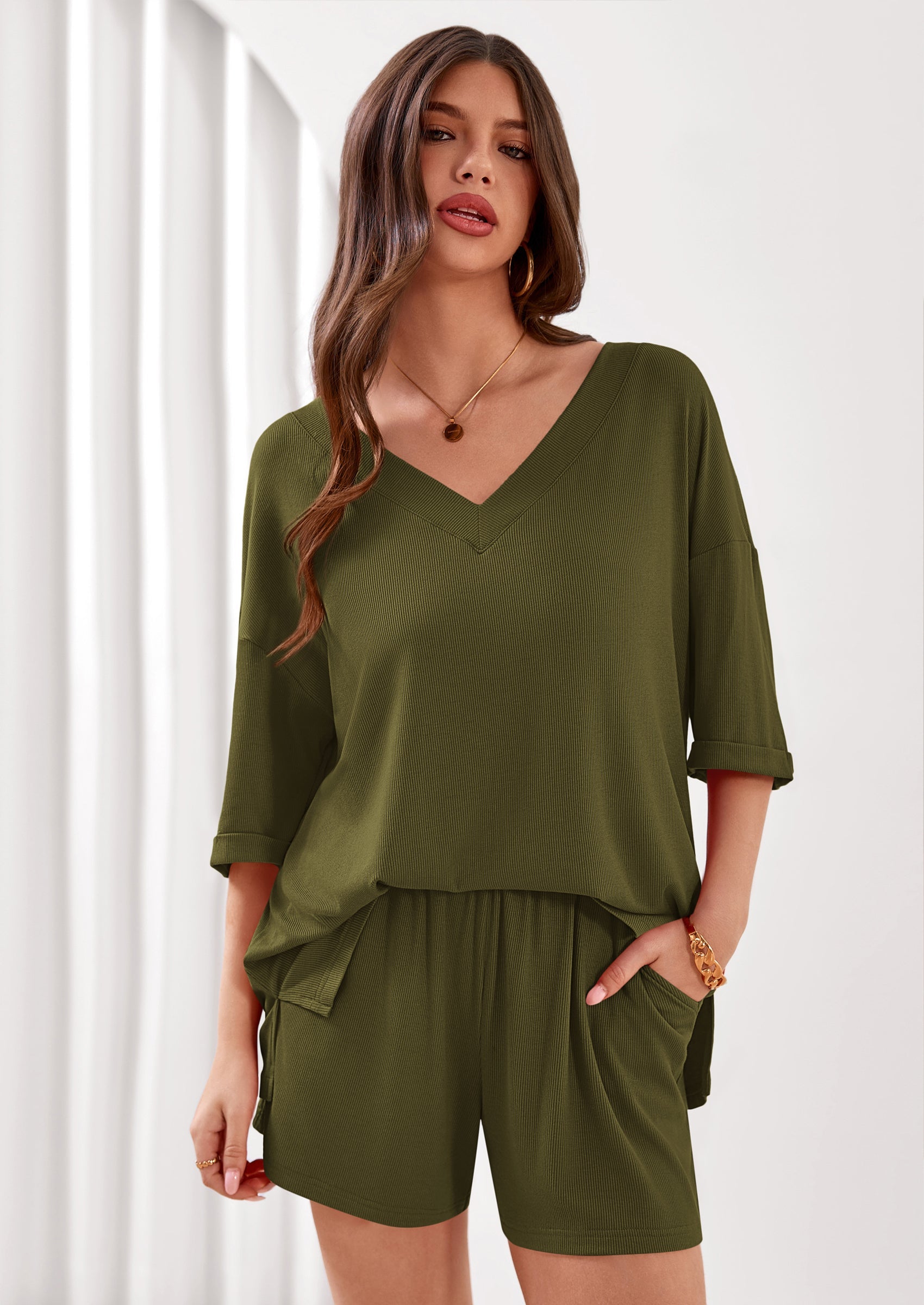 PRETTYGARDEN Womens 2 Piece Sets Oversized Vneck Half Sleeve Tops Shorts Lounge Set Casual Summer Travel Beach Outfits PRETTYGARDEN