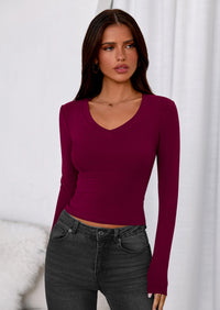 PRETTYGARDEN Womens Long Sleeve T Shirts Fall Trendy Deep V Neck Slim Fit Basic Crop Tops Casual Going Out Top PRETTYGARDEN