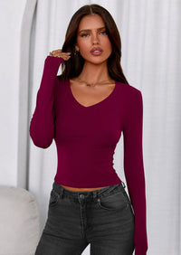 PRETTYGARDEN Womens Long Sleeve T Shirts Fall Trendy Deep V Neck Slim Fit Basic Crop Tops Casual Going Out Top PRETTYGARDEN