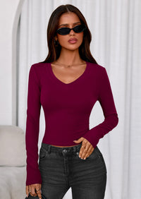 PRETTYGARDEN Womens Long Sleeve T Shirts Fall Trendy Deep V Neck Slim Fit Basic Crop Tops Casual Going Out Top PRETTYGARDEN