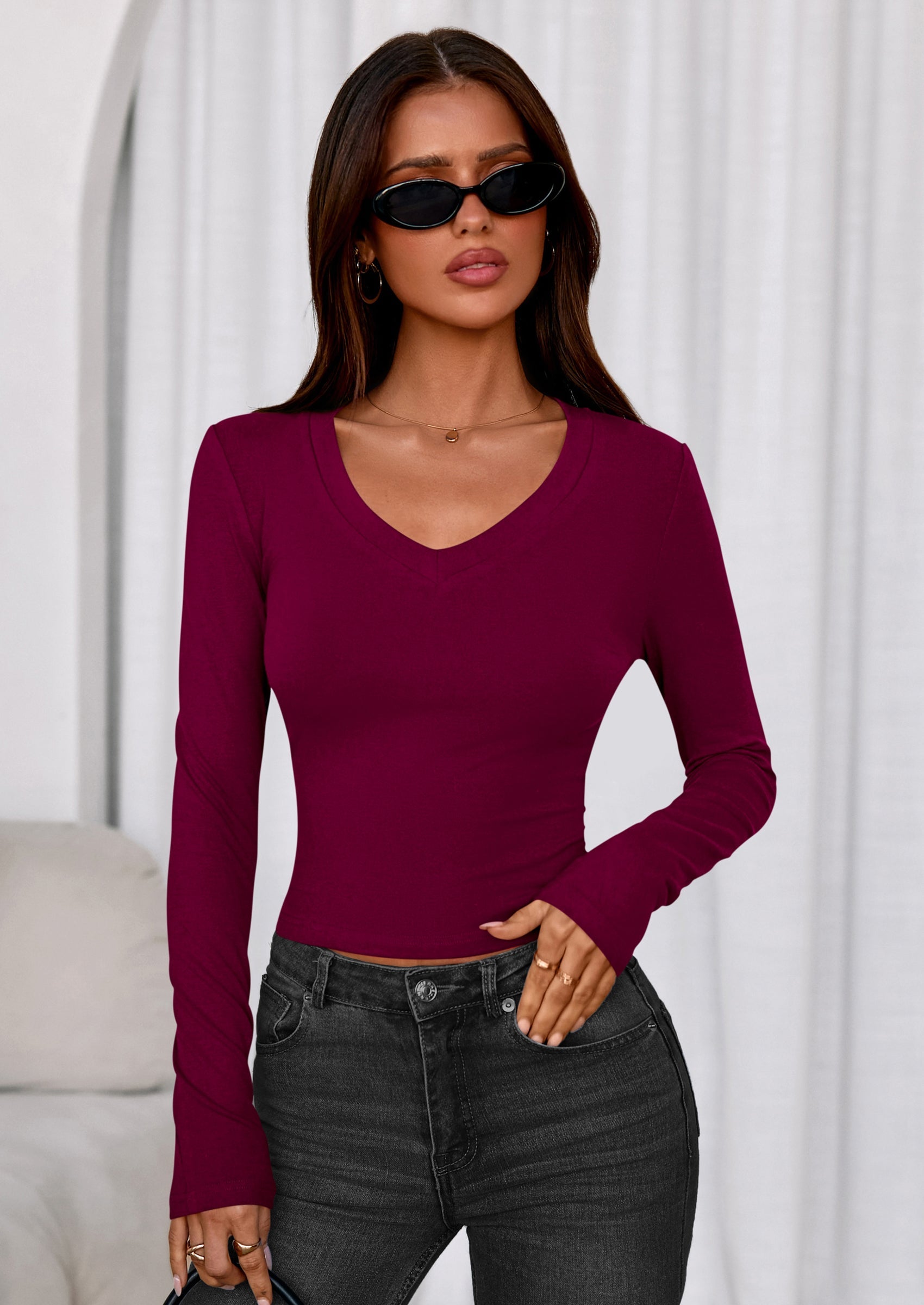 PRETTYGARDEN Womens Long Sleeve T Shirts Fall Trendy Deep V Neck Slim Fit Basic Crop Tops Casual Going Out Top PRETTYGARDEN