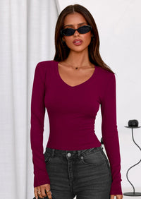 PRETTYGARDEN Womens Long Sleeve T Shirts Fall Trendy Deep V Neck Slim Fit Basic Crop Tops Casual Going Out Top PRETTYGARDEN