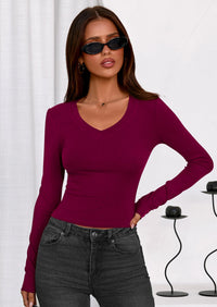 PRETTYGARDEN Womens Long Sleeve T Shirts Fall Trendy Deep V Neck Slim Fit Basic Crop Tops Casual Going Out Top PRETTYGARDEN