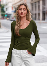 PRETTYGARDEN Women Fall Long Bell Sleeve Shirts Ribbed V Neck Fitted Ruched Trendy Y2K Going Out Tee Tops Summer Clothes