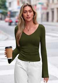 PRETTYGARDEN Women Fall Long Bell Sleeve Shirts Ribbed V Neck Fitted Ruched Trendy Y2K Going Out Tee Tops Summer Clothes