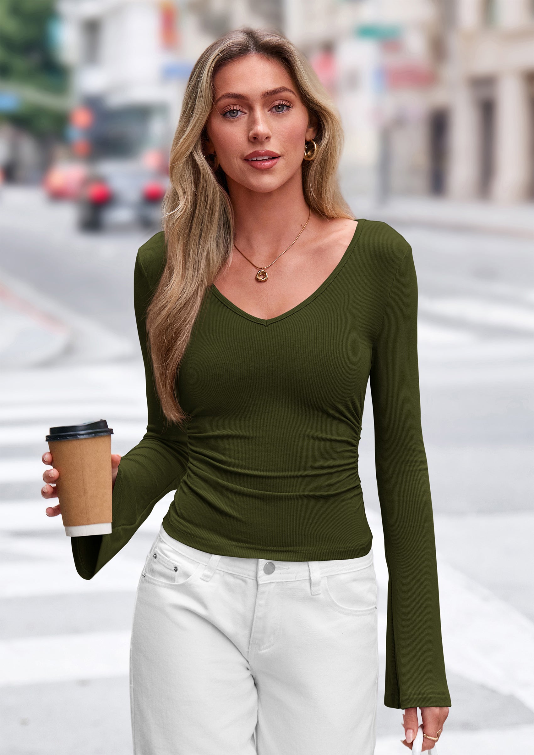 PRETTYGARDEN Women Fall Long Bell Sleeve Shirts Ribbed V Neck Fitted Ruched Trendy Y2K Going Out Tee Tops Summer Clothes