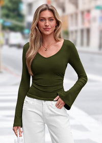 PRETTYGARDEN Women Fall Long Bell Sleeve Shirts Ribbed V Neck Fitted Ruched Trendy Y2K Going Out Tee Tops Summer Clothes