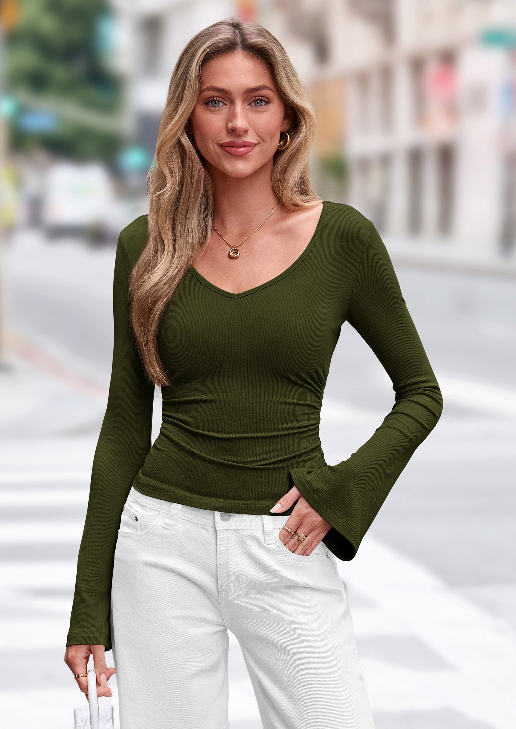 PRETTYGARDEN Women Fall Long Bell Sleeve Shirts Ribbed V Neck Fitted Ruched Trendy Y2K Going Out Tee Tops Summer Clothes