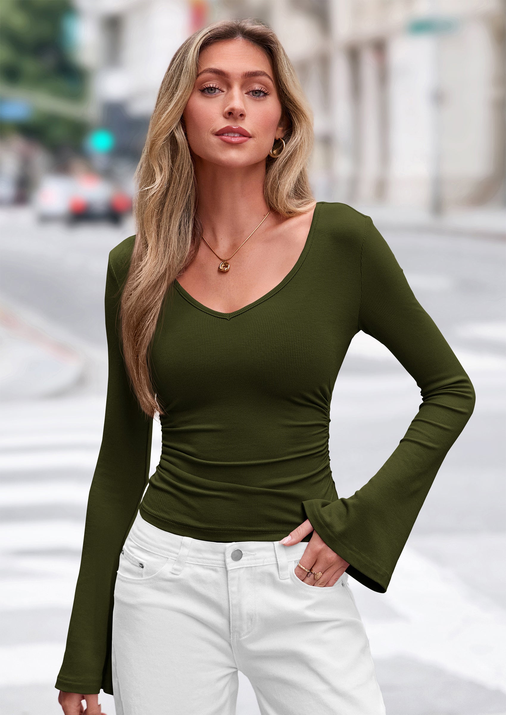 PRETTYGARDEN Women Fall Long Bell Sleeve Shirts Ribbed V Neck Fitted Ruched Trendy Y2K Going Out Tee Tops Summer Clothes