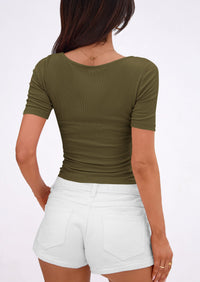 PRETTYGARDEN Womens Summer Short Sleeve Tops Boat Neck Ribbed Knit Slim Fit T Shirt Casual Basic Top Spring Clothes PRETTYGARDEN