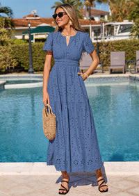 PRETTYGARDEN Short Sleeve Spring Dresses for Women Elegant Classy Boho High Waist A Line Pleated Wedding Guest Dress PRETTYGARDEN