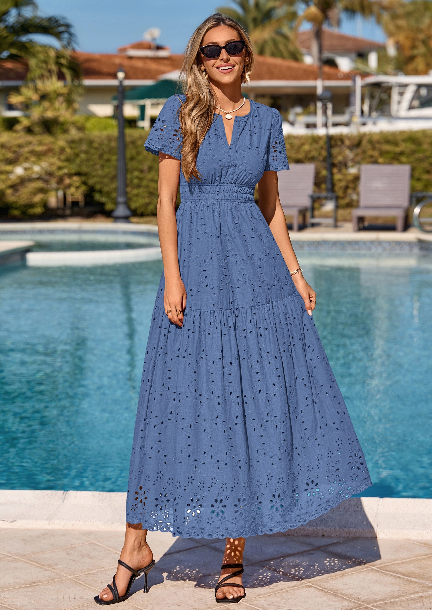 PRETTYGARDEN Short Sleeve Spring Dresses for Women Elegant Classy Boho High Waist A Line Pleated Wedding Guest Dress PRETTYGARDEN
