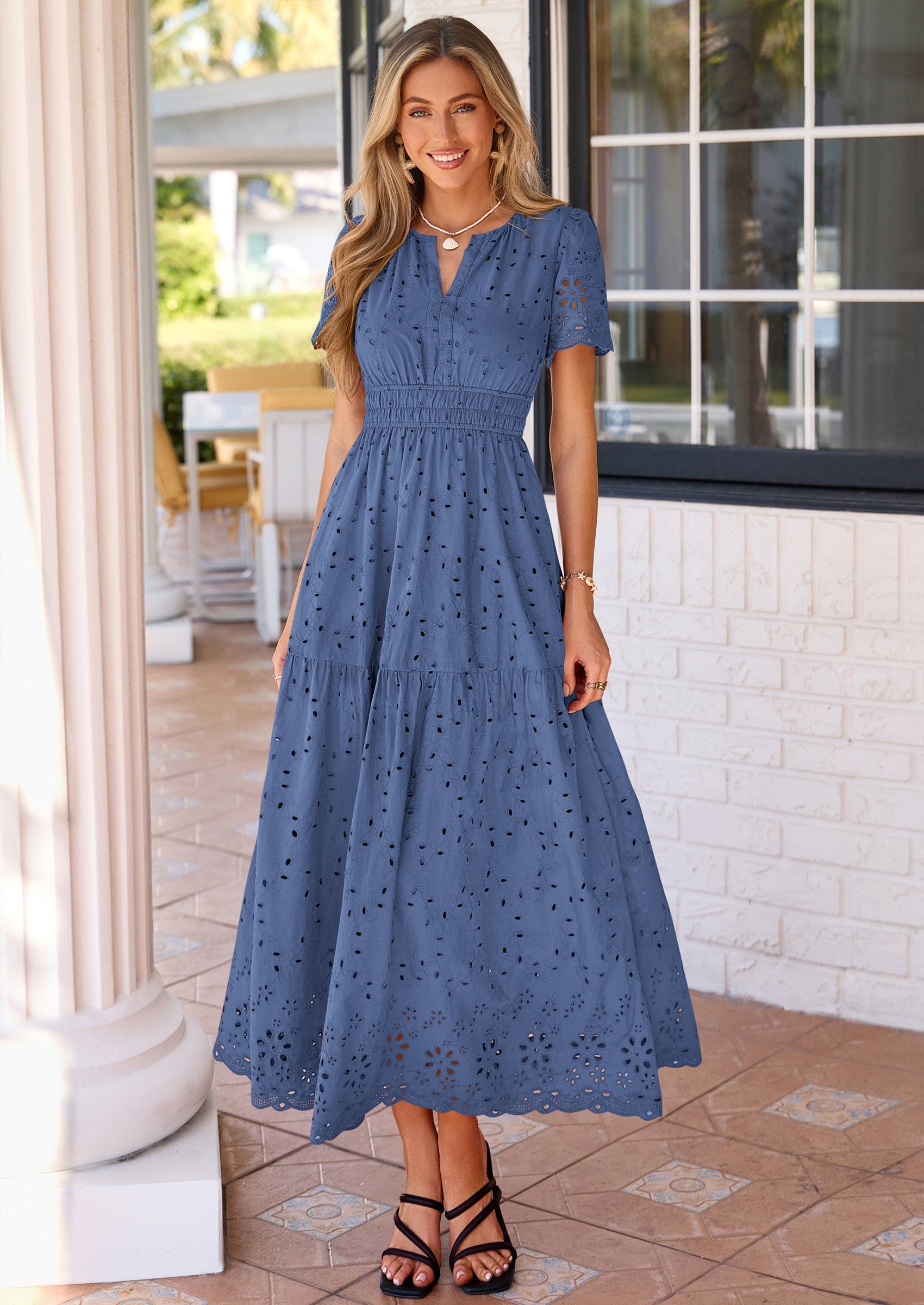 PRETTYGARDEN Short Sleeve Spring Dresses for Women Elegant Classy Boho High Waist A Line Pleated Wedding Guest Dress PRETTYGARDEN