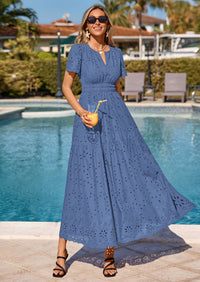 PRETTYGARDEN Short Sleeve Spring Dresses for Women Elegant Classy Boho High Waist A Line Pleated Wedding Guest Dress PRETTYGARDEN