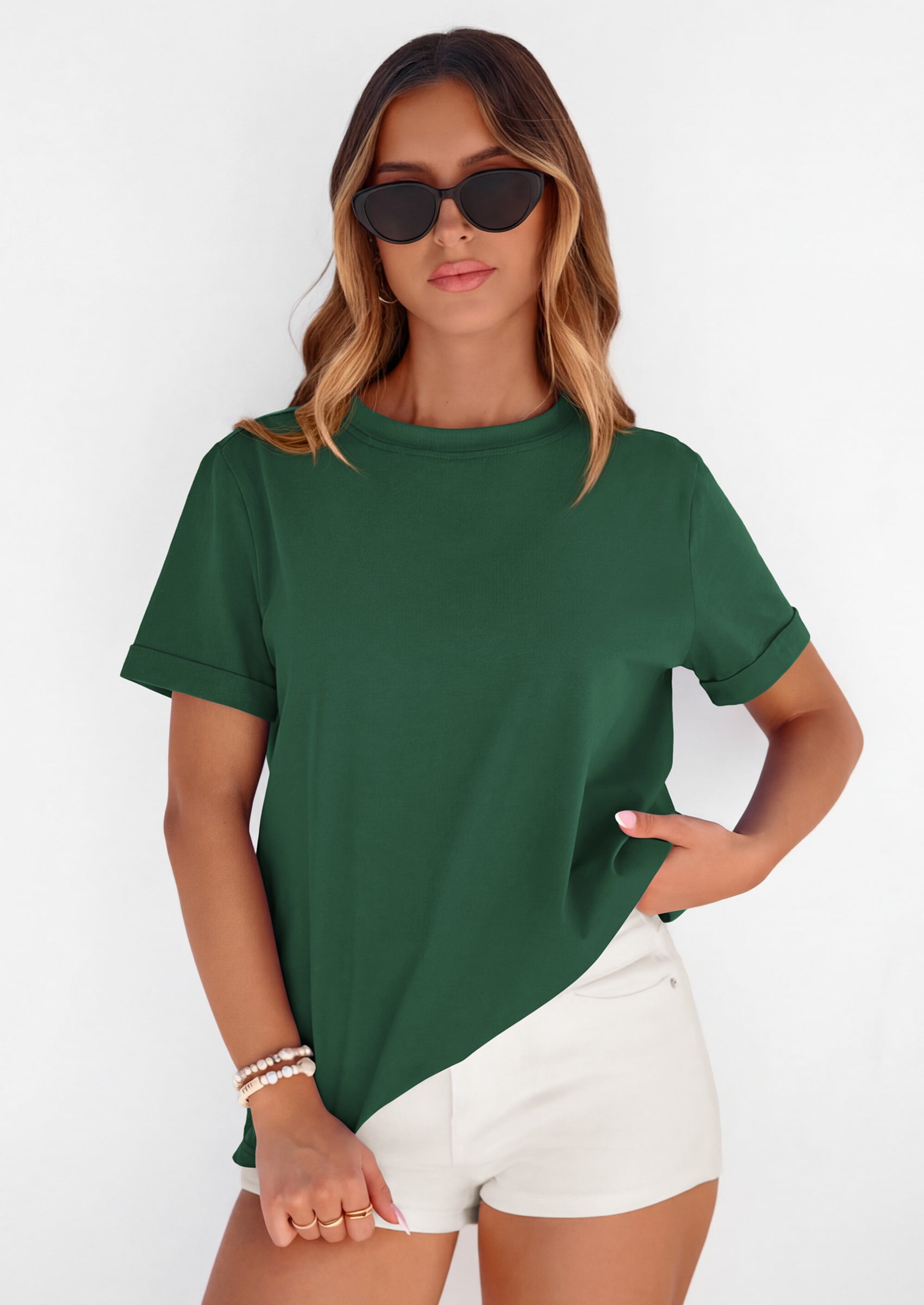 PRETTYGARDEN Womens Summer Tops Spring Casual Rolled Short Sleeve Basic Tees Crew Neck Work Shirts Fashion Clothing PRETTYGARDEN