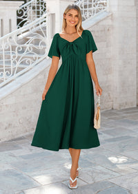 PRETTYGARDEN Summer Dress for Women Casual Short Sleeve Bow Tie V Neck Ruffle Midi Flowy Dresses