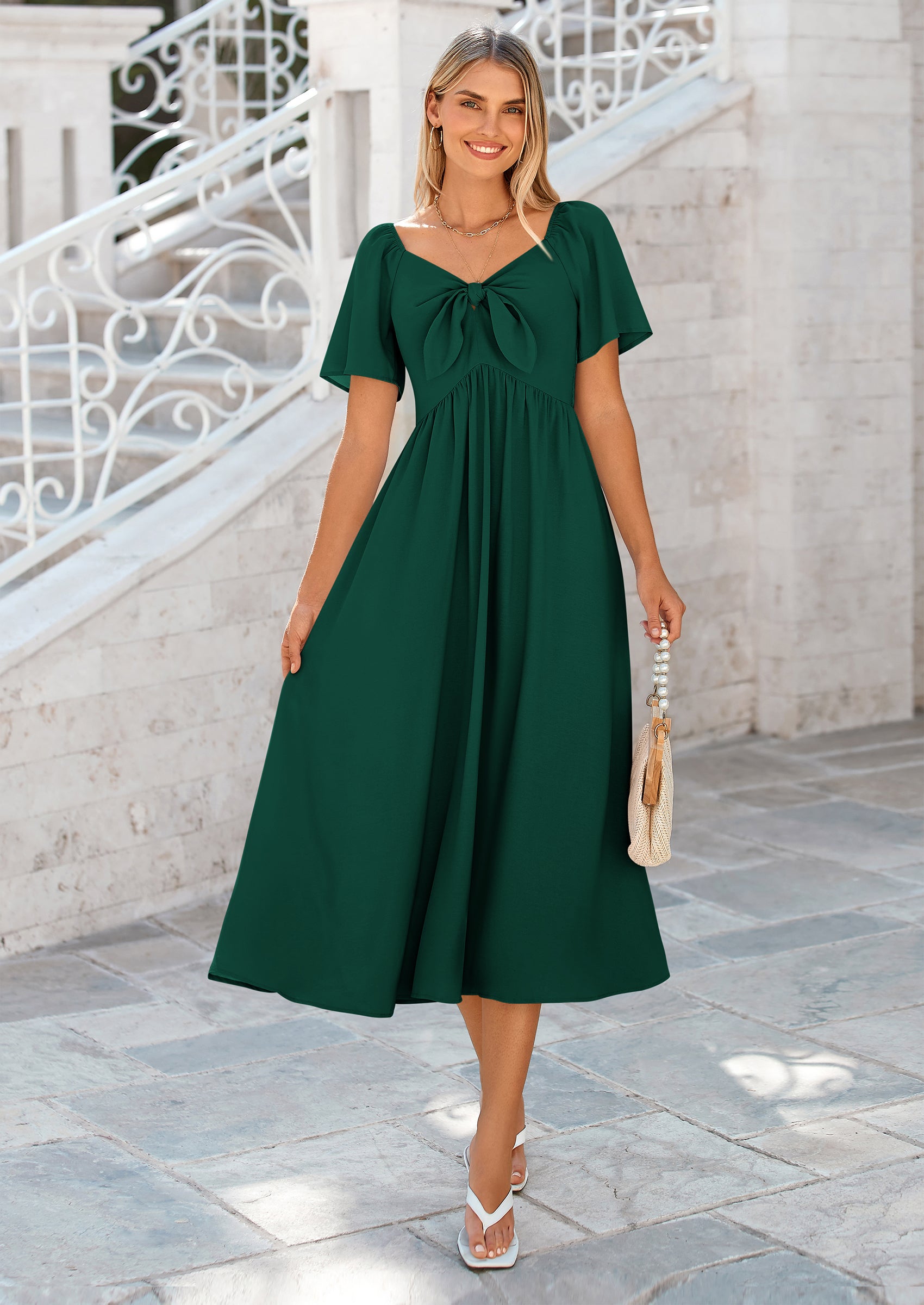 PRETTYGARDEN Summer Dress for Women Casual Short Sleeve Bow Tie V Neck Ruffle Midi Flowy Dresses