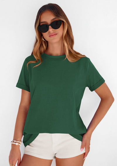 PRETTYGARDEN Womens Summer Tops Spring Casual Rolled Short Sleeve Basic Tees Crew Neck Work Shirts Fashion Clothing PRETTYGARDEN