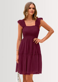 PRETTYGARDEN Womens Trendy Mini Summer Dresses Sleeveless Tulle Ruffle Square Neck Tiered Smocked Beach Vacation Dress