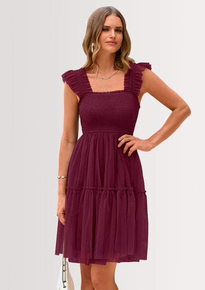 PRETTYGARDEN Womens Trendy Mini Summer Dresses Sleeveless Tulle Ruffle Square Neck Tiered Smocked Beach Vacation Dress