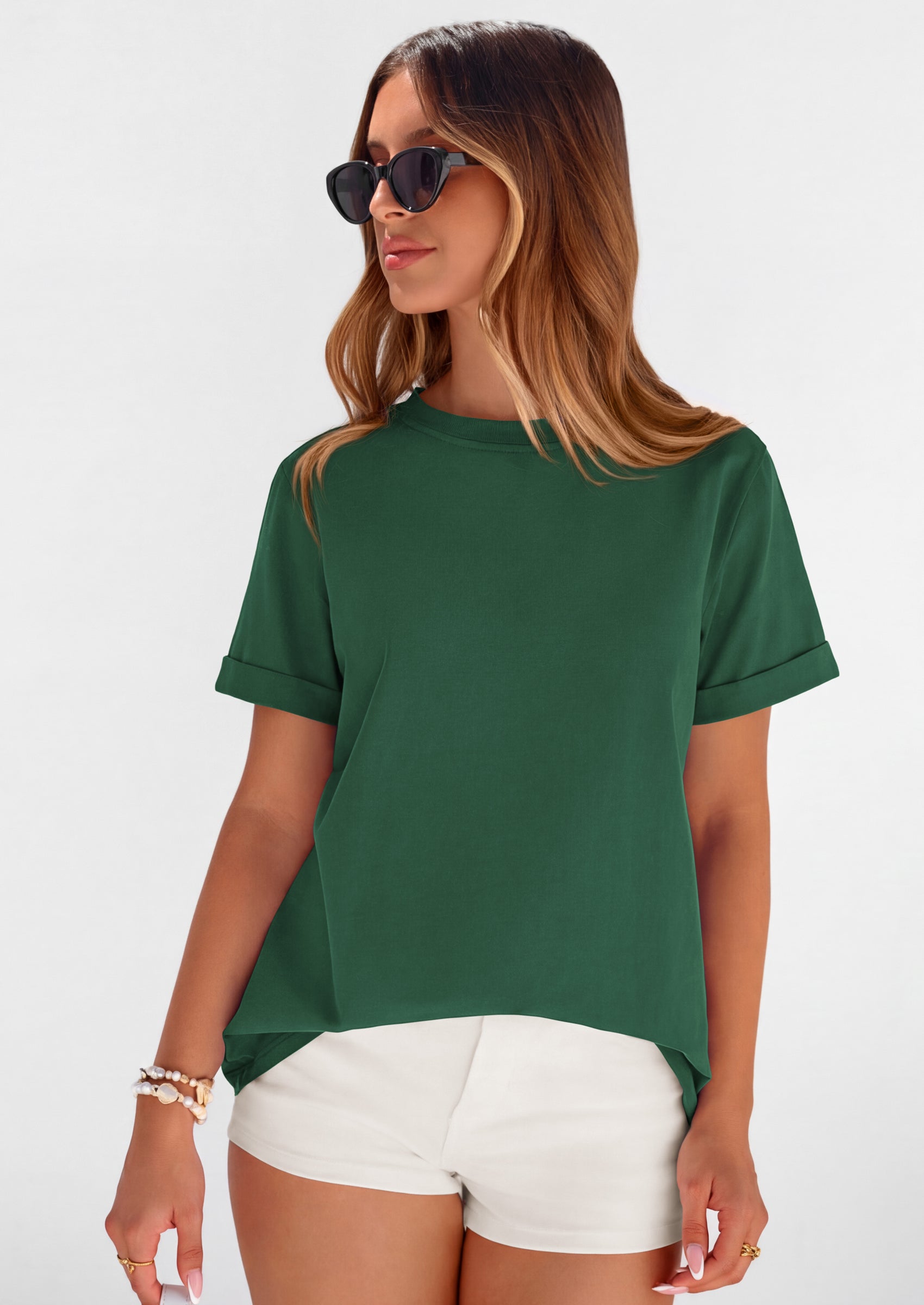 PRETTYGARDEN Womens Summer Tops Spring Casual Rolled Short Sleeve Basic Tees Crew Neck Work Shirts Fashion Clothing PRETTYGARDEN