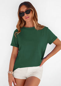 PRETTYGARDEN Womens Summer Tops Spring Casual Rolled Short Sleeve Basic Tees Crew Neck Work Shirts Fashion Clothing PRETTYGARDEN