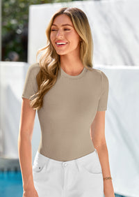 PRETTYGARDEN Body Suits for Womens Summer Tops Casual Short Sleeve Ribbed Fitted Basic Tee Shirts Spring Fashion Clothes