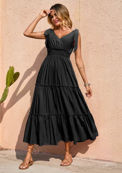 PRETTYGARDEN Women's Cross Neck Spring Sleeveless Tiered Maxi Dress Beach Tie Strap Smocked Long Dresses Pleated Sundress