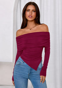 PRETTYGARDEN Women's Long Sleeve Shirts Off Shoulder Tops Going Out Slim Fitted Y2K Blouses Fall Fashion Clothes