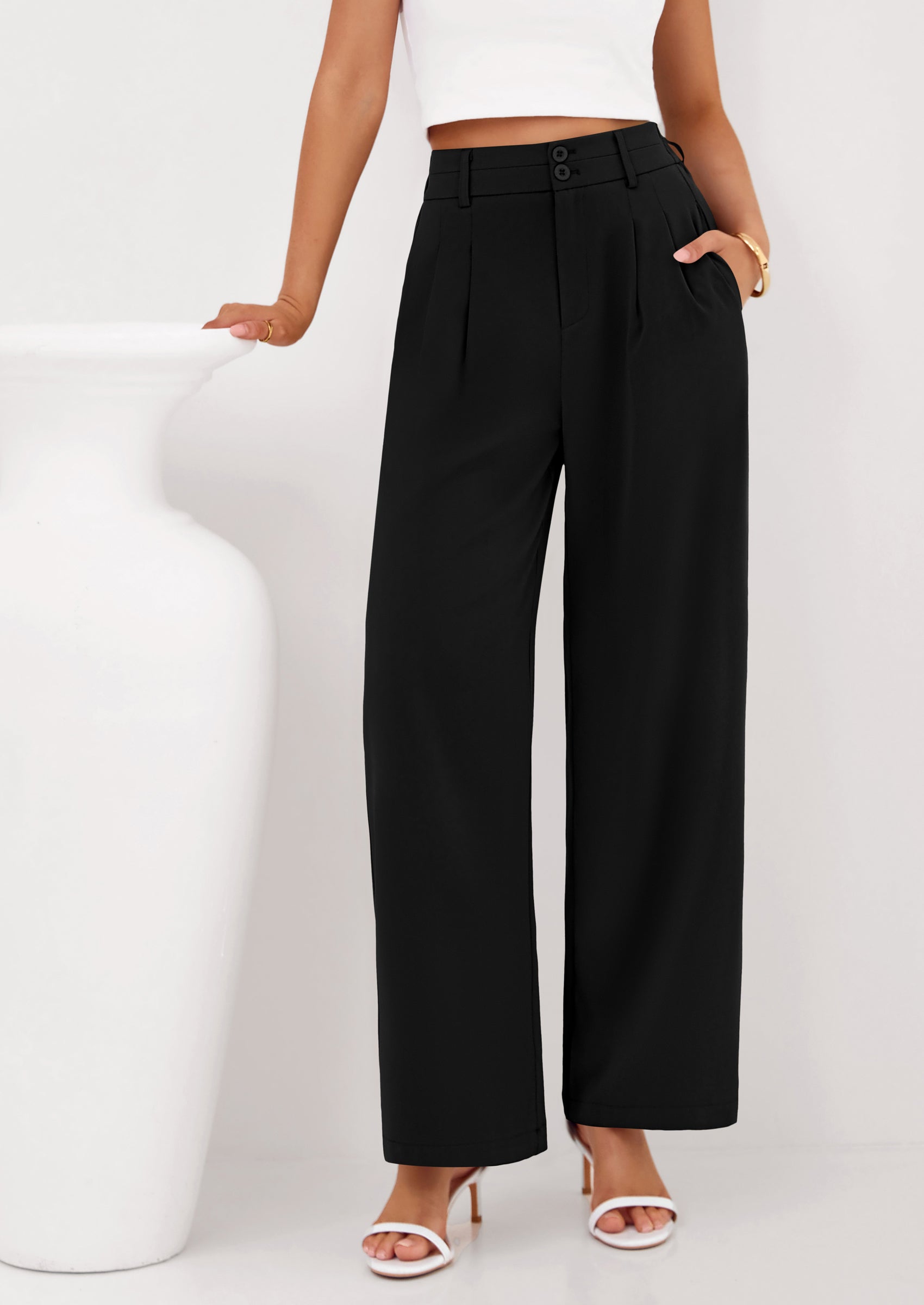 PRETTYGARDEN Womens Spring Wide Leg Palazzo Pants Trendy Loose Button High Waist Pleated Work Business Casual Trousers PRETTYGARDEN