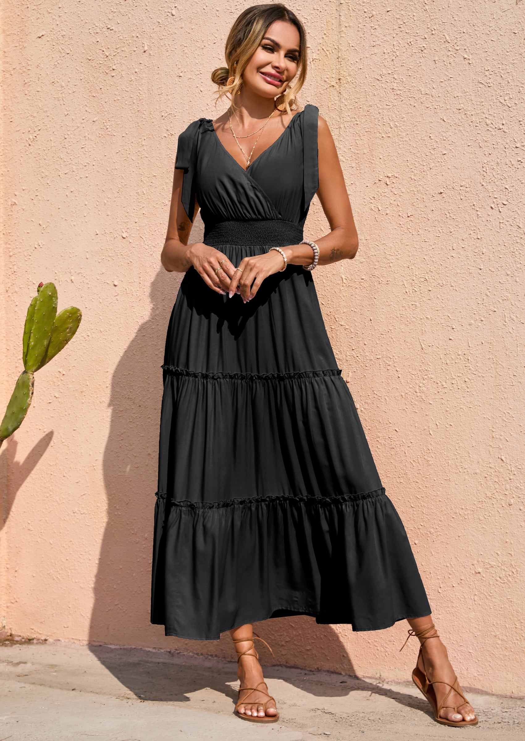 PRETTYGARDEN Women's Cross Neck Spring Sleeveless Tiered Maxi Dress Beach Tie Strap Smocked Long Dresses Pleated Sundress