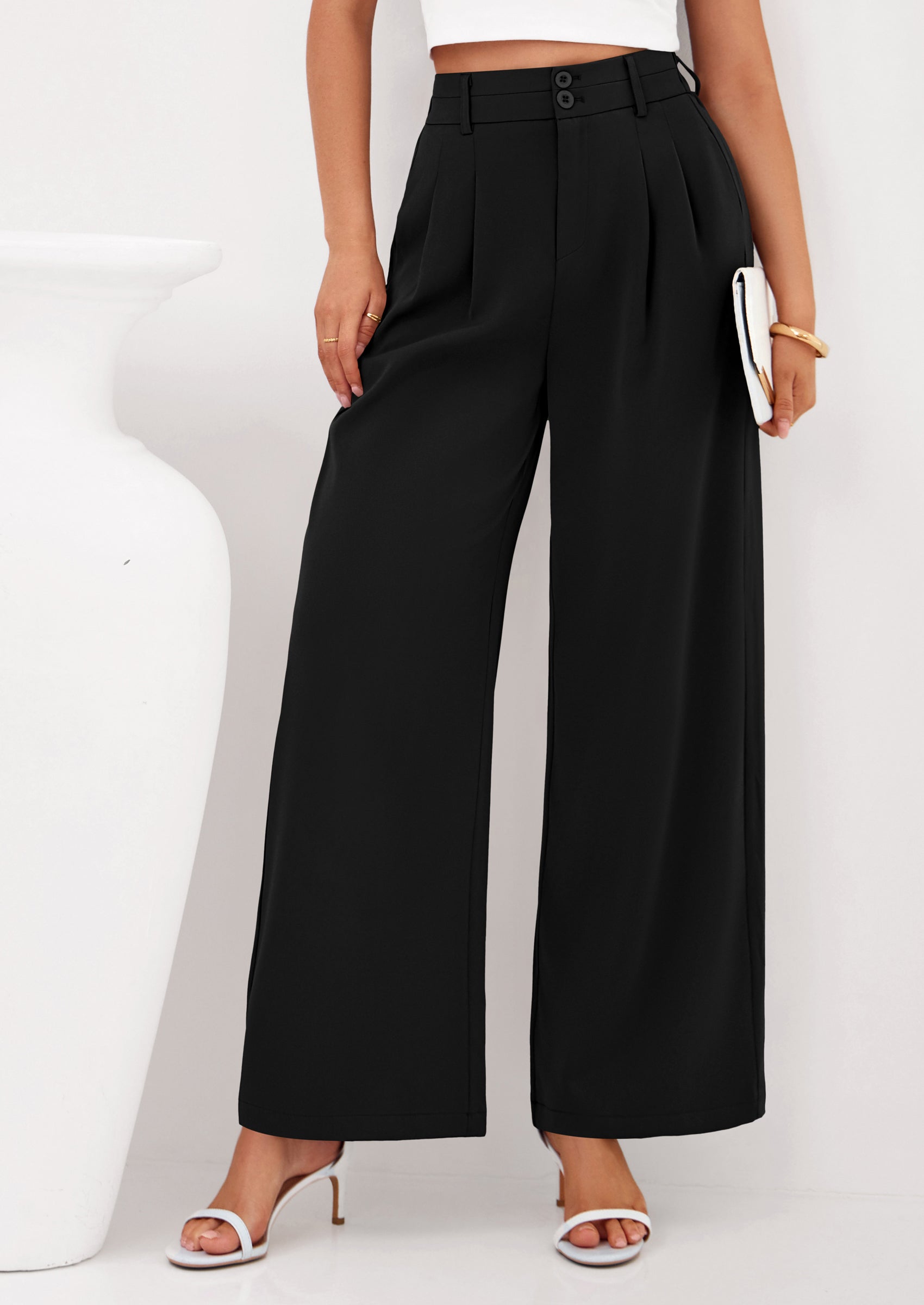 PRETTYGARDEN Womens Spring Wide Leg Palazzo Pants Trendy Loose Button High Waist Pleated Work Business Casual Trousers PRETTYGARDEN
