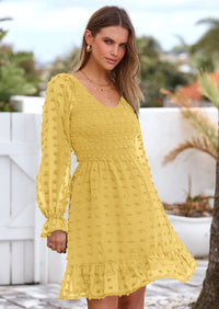 BTFBM Spring Dresses for Women 2026 Long Sleeve Casual V Neck Swiss Dot Smocked Ruffle Chiffon Flowy Mini Summer Dress PRETTYGARDEN