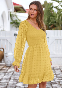 BTFBM Spring Dresses for Women 2026 Long Sleeve Casual V Neck Swiss Dot Smocked Ruffle Chiffon Flowy Mini Summer Dress PRETTYGARDEN
