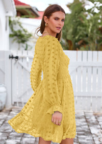 BTFBM Spring Dresses for Women 2026 Long Sleeve Casual V Neck Swiss Dot Smocked Ruffle Chiffon Flowy Mini Summer Dress PRETTYGARDEN