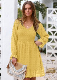 BTFBM Spring Dresses for Women 2026 Long Sleeve Casual V Neck Swiss Dot Smocked Ruffle Chiffon Flowy Mini Summer Dress PRETTYGARDEN