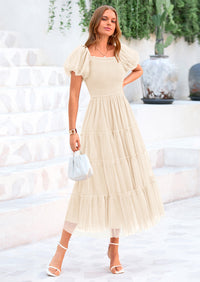 PRETTYGARDEN Women's Smocked Tulle Midi Dress Square Neck Puffy Short Sleeve Ruffle Wedding Guest Party Dresses