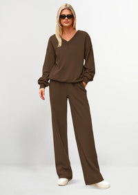 PRETTYGARDEN Casual Winter Two Piece Sets for Women V Neck Sweatshirt Loose Wide Leg Pants Tracksuit Knit Fall Outfits