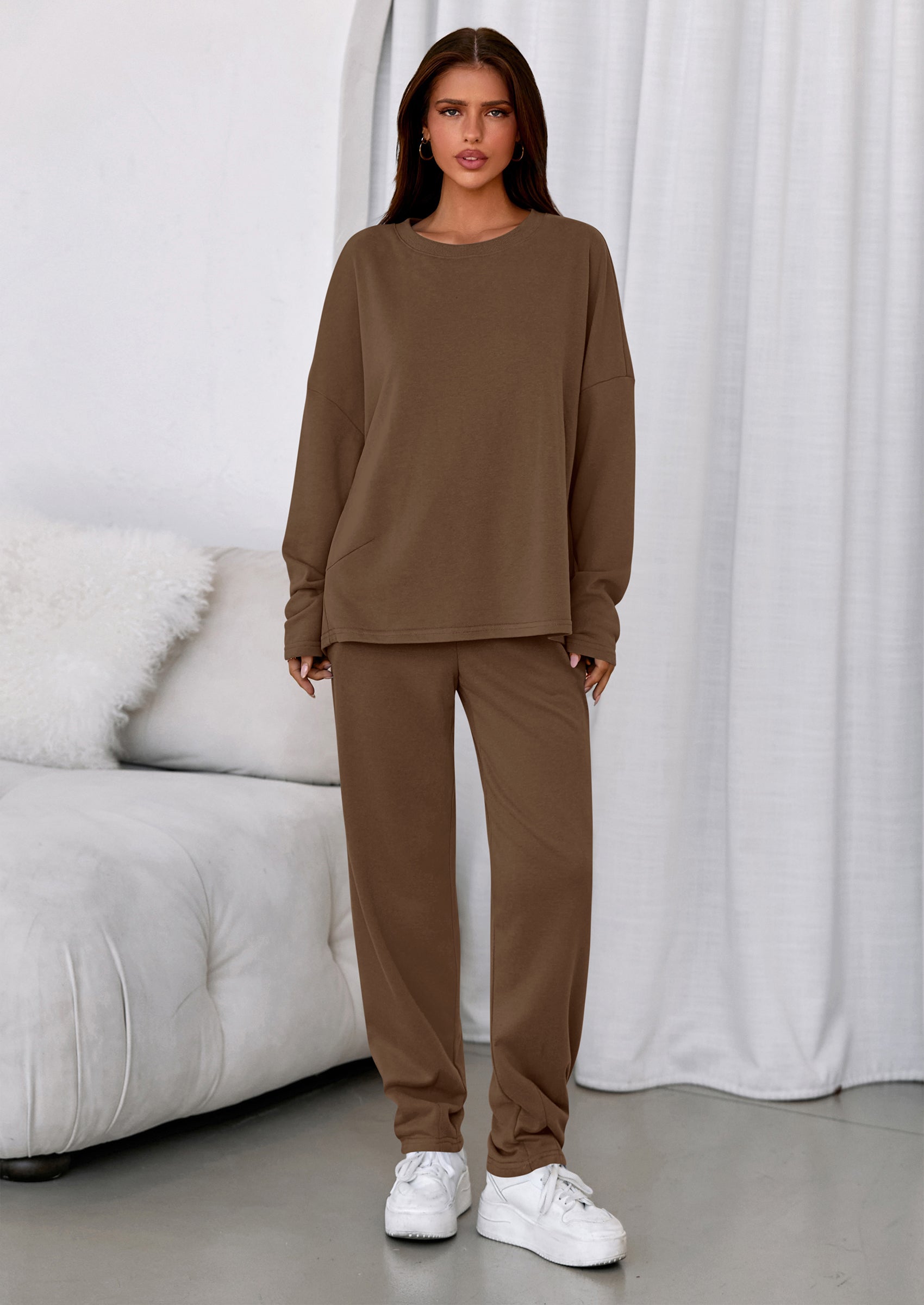 PRETTYGARDEN Womens 2 Piece Matching Lounge Sets Fall Long Sleeve Boatneck Sweatsuit Drawstring Sweatpants Pockets