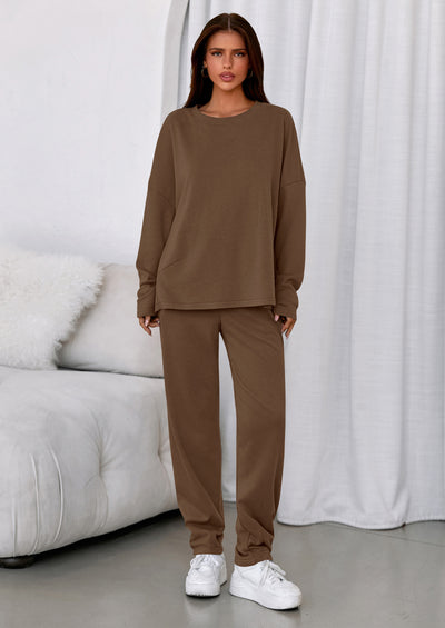 PRETTYGARDEN Womens 2 Piece Matching Lounge Sets Fall Long Sleeve Boatneck Sweatsuit Drawstring Sweatpants Pockets