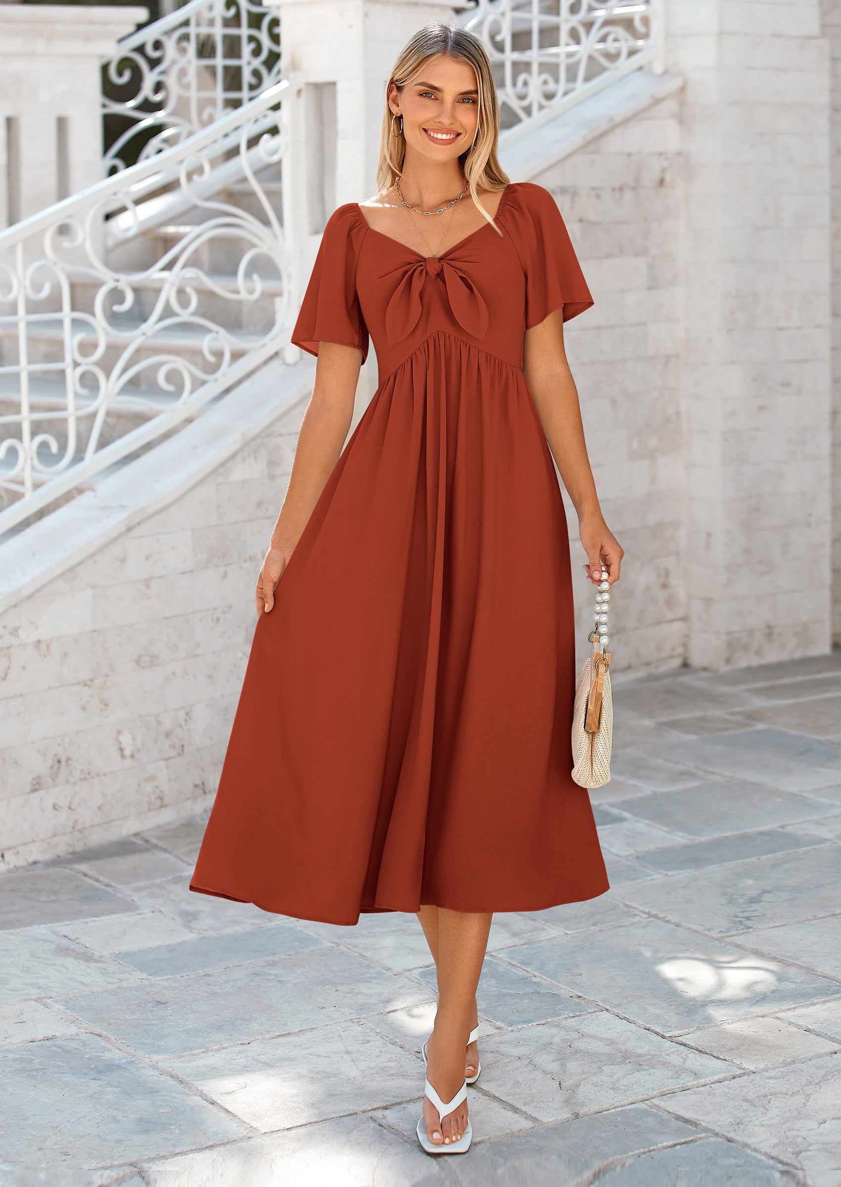 PRETTYGARDEN Summer Dress for Women Casual Short Sleeve Bow Tie V Neck Ruffle Midi Flowy Dresses